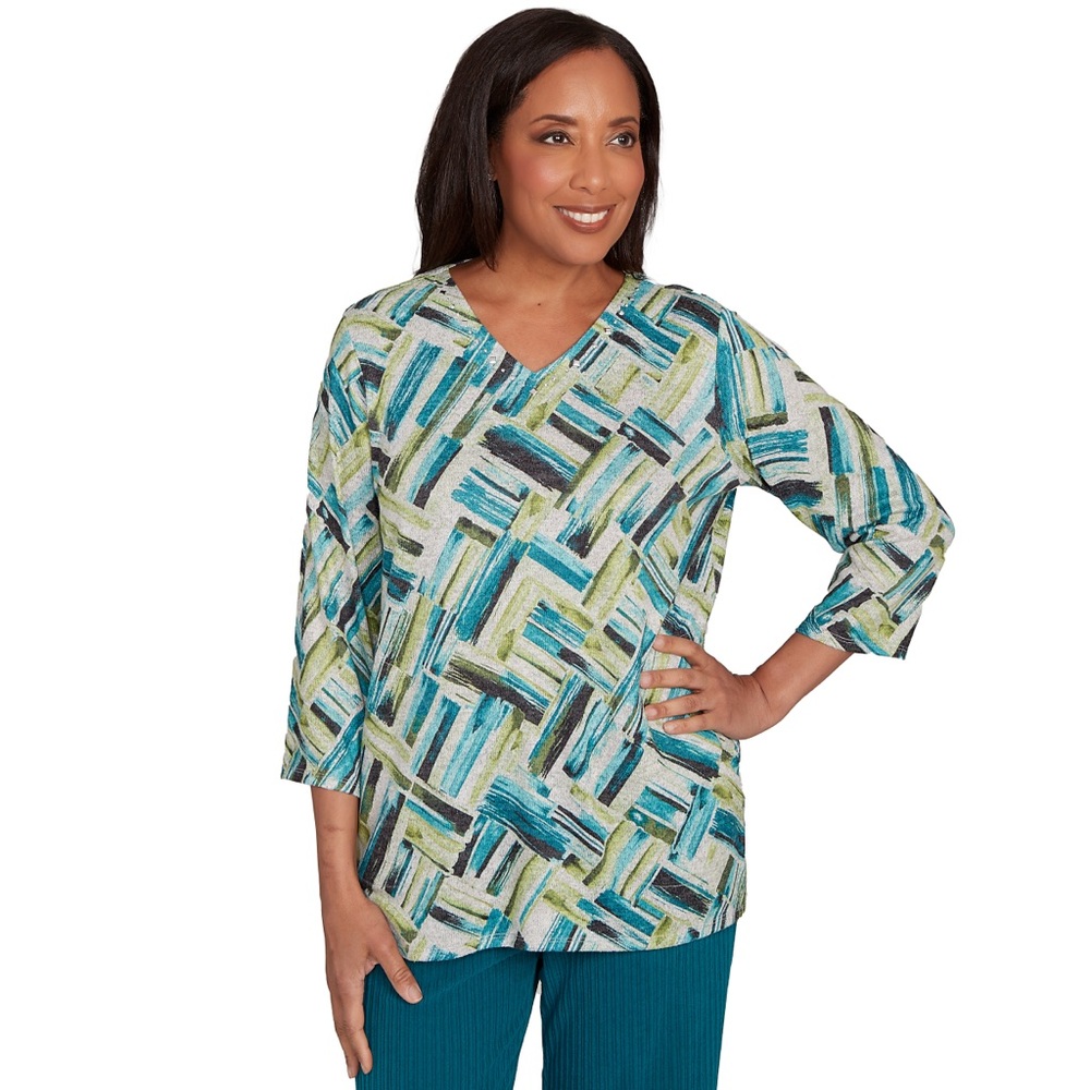 Alfred Dunner Blue and Green Brushstroke Blouse